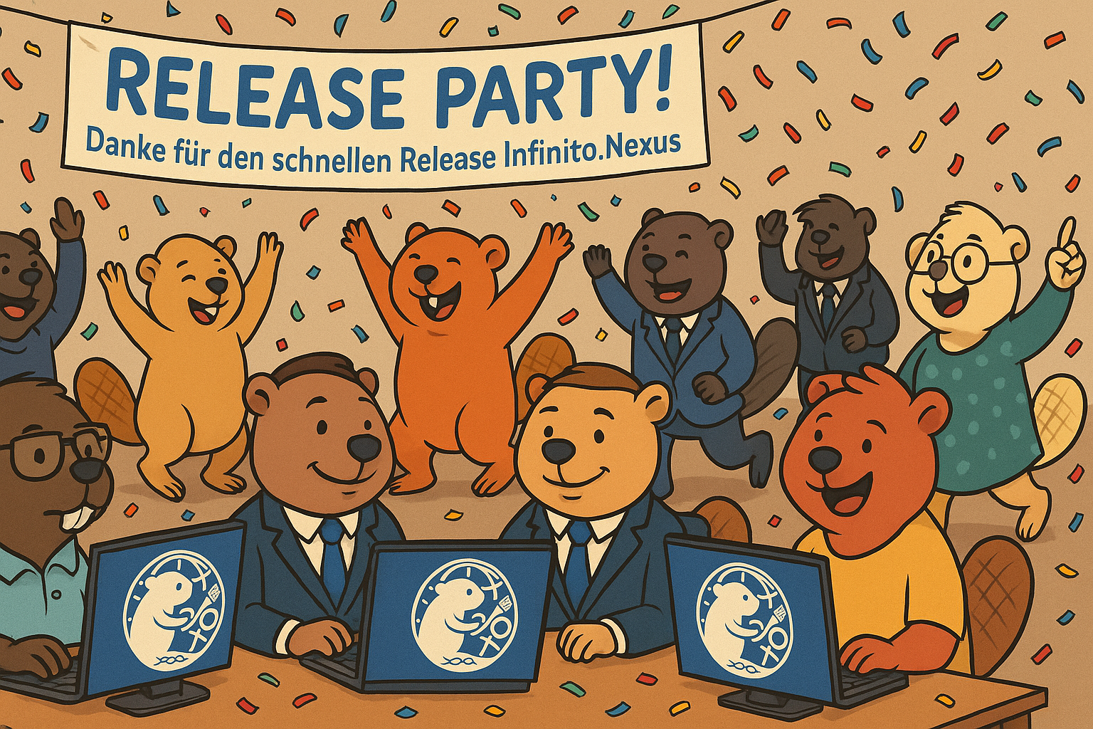 Comic-Zeichnung von einer fröhlichen Release-Party in einem IT-Startup. Viele bunte Biber – einige im Anzug, andere locker gekleidet – tanzen und jubeln zwischen Konfetti. Auf allen Monitoren ist das Infinito.Nexus-Logo zu sehen. Im Hintergrund hängt ein großes Banner mit der Aufschrift ‚Release Party! Danke für den schnellen Release Infinito.Nexus‘.
