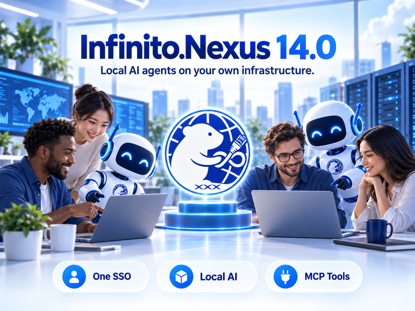 Infinito.Nexus 14.0: Humans and friendly AI agents work together in a modern office environment. The Infinito.Nexus logo stands at the center, surrounded by local infrastructure, highlighting One SSO, Local AI, and MCP Tools.